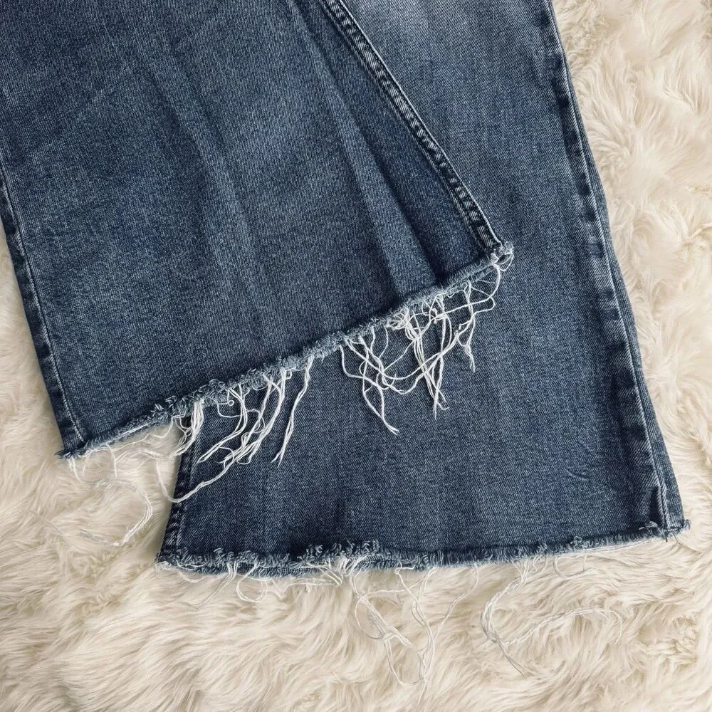 Lee High Rise Flare Jeans 12 (31x30) Medium Blue Denim Stretch Raw Hem Womens